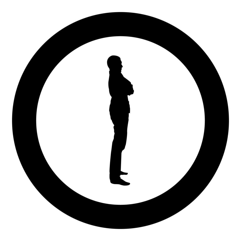 Confident man crossed his arms Business man silhouette concept side view icon black color illustration in circle round vector