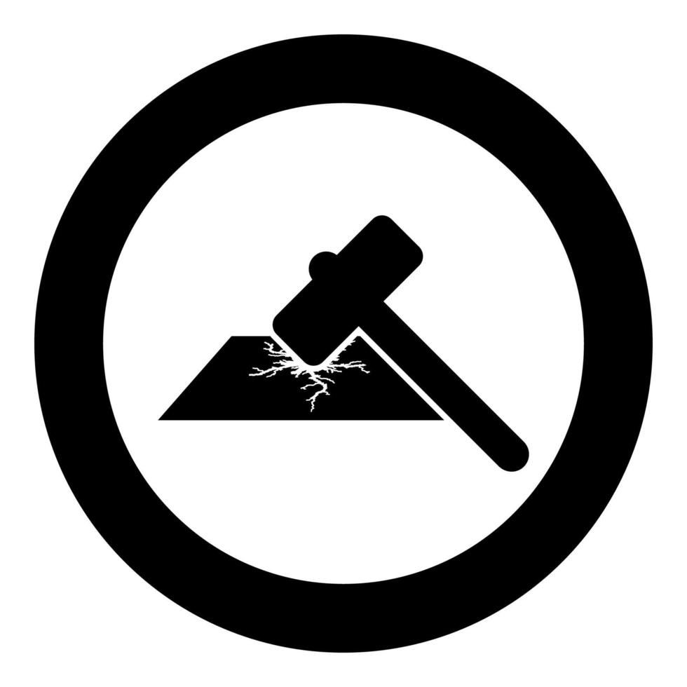 Sledge hammer breaks hard surface with formation of strong cracks icon in circle round black color vector illustration flat style image