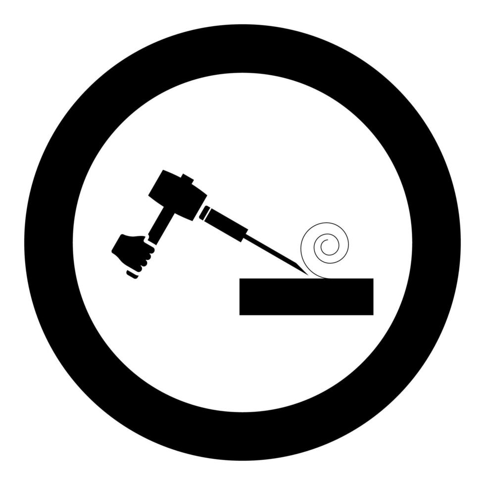 Wood hammer with chisel using treatment surface shavings use arm Woodworking tool Workshop planer icon in circle round black color vector illustration solid outline style image