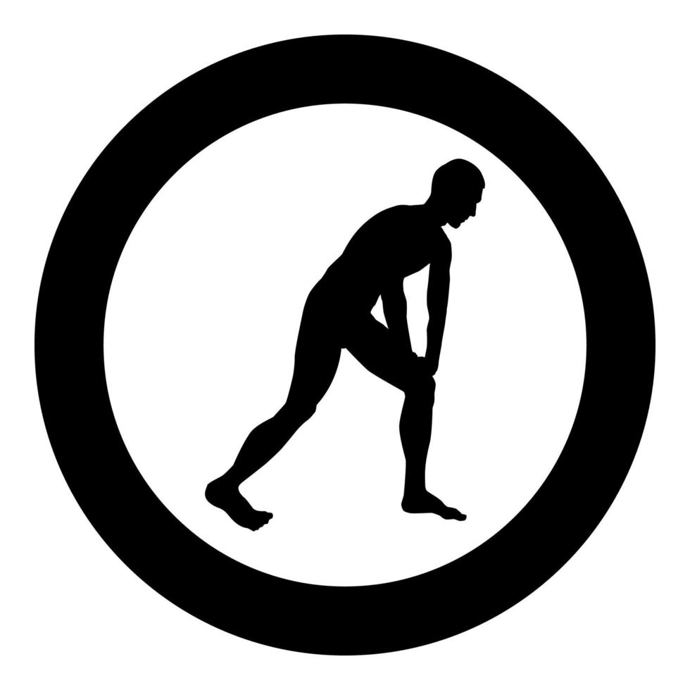 hombre haciendo ejercicios para calentar la silueta de entrenamiento masculino de acción deportiva antes de ejecutar la ilustración de color negro del icono de vista lateral en círculo vector