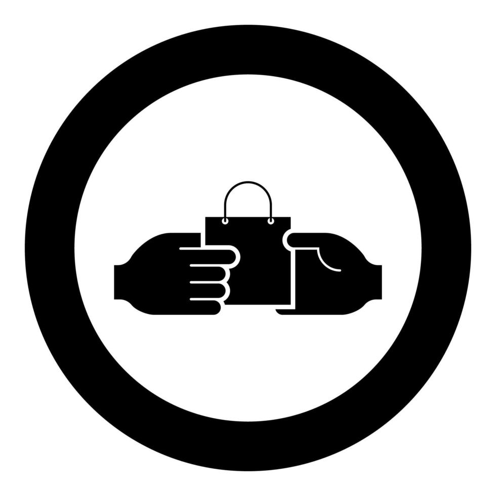 Hand passes the package to the other hand Hand pass bag other hand Concept commerce Idea trade Market subject Marketing icon in circle round black color vector illustration flat style image