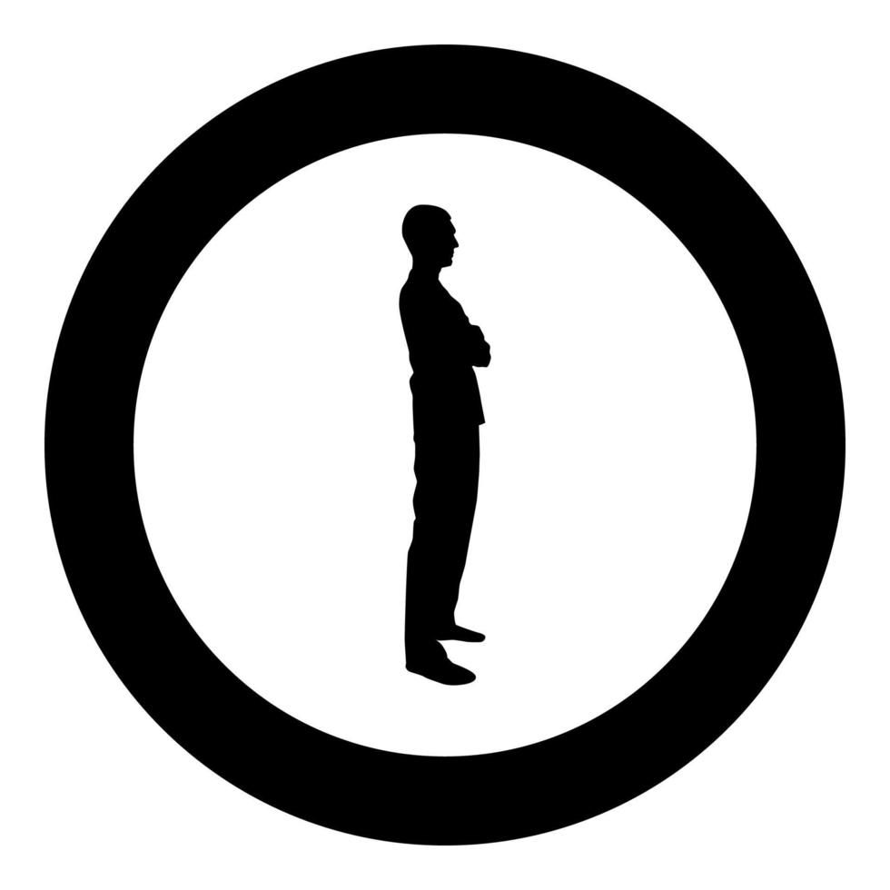Man standing with hands crossed Dentist surgeon in medical clothes with folded hands on his chest Concept of the end of surgery operation Side view icon black color vector in circle round