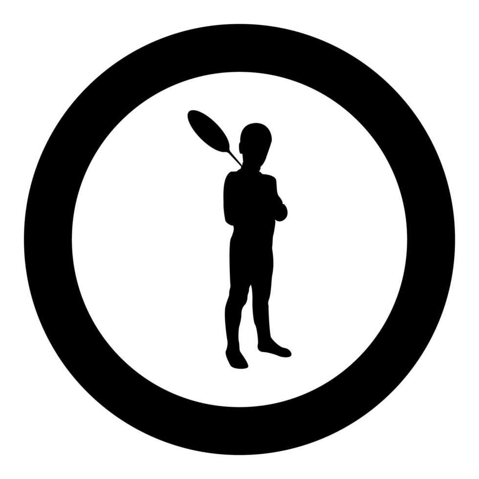 Boy holds badminton racket Cute young child holding standing toy shuttlecock Happy concept Teenage action Summer sport activity Camp concept Kid will play Having fun silhouette in circle round black vector