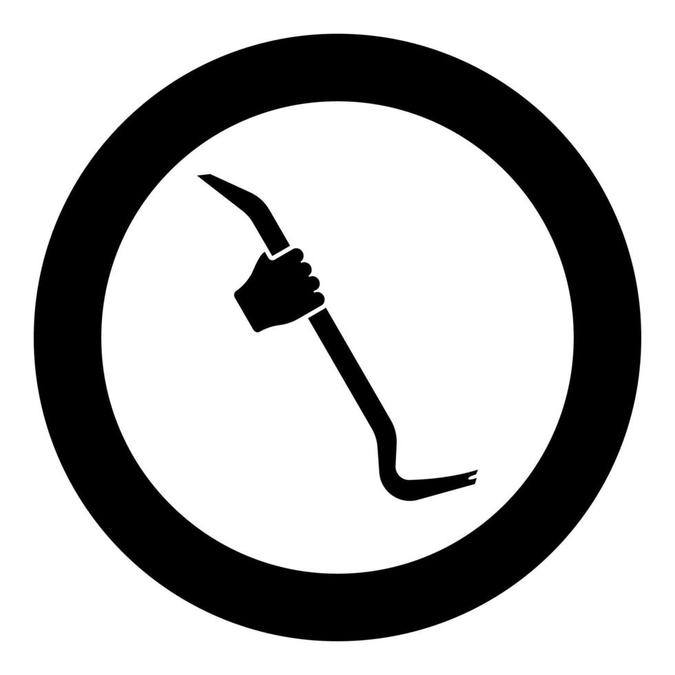 Crowbar in hand holding tool use Arm using Multifunctional utility bar icon in circle round black color vector illustration solid outline style image