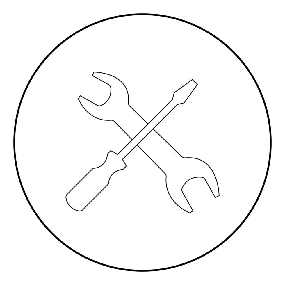 destornillador y llave el icono de color negro en círculo o redondo vector