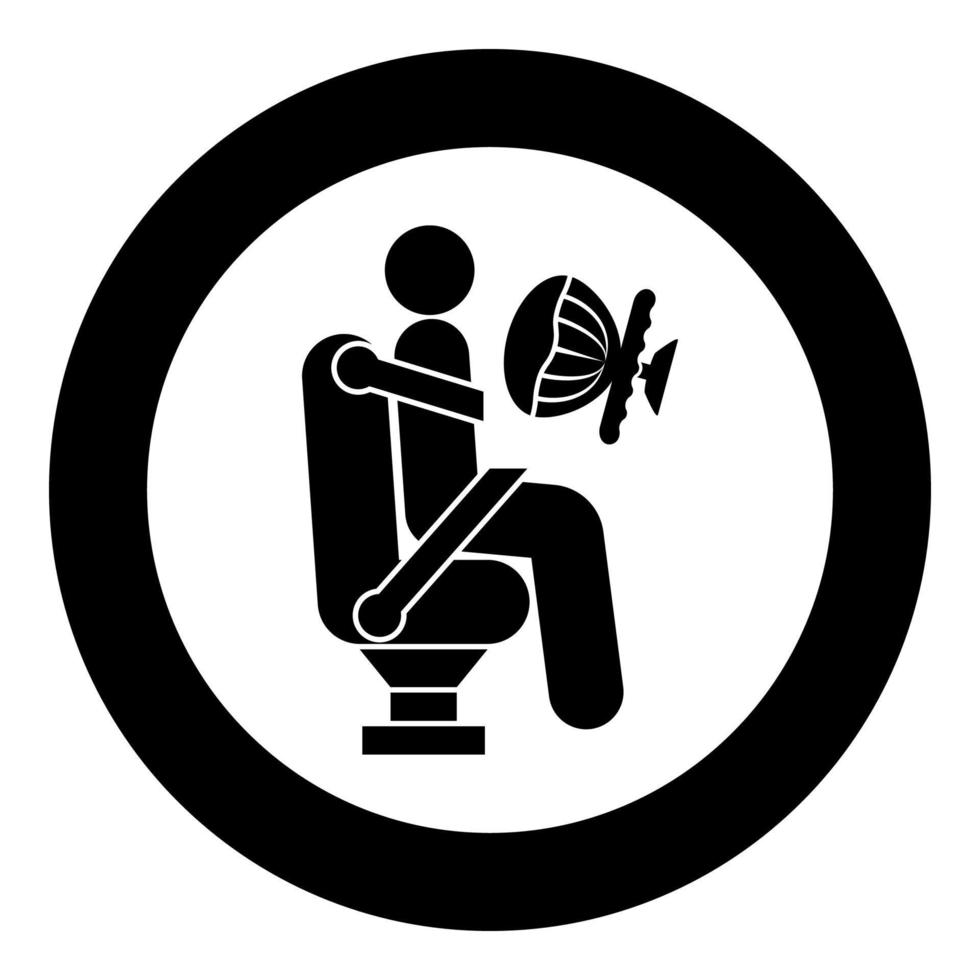 Driver at the wheel of a vehicle wearing a seat belt and airbag Man driving car icon in circle round black color vector illustration flat style image