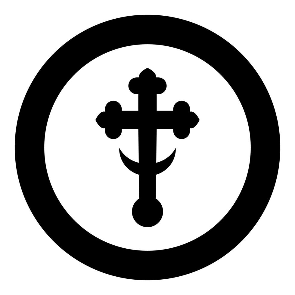 Cross trefoil shamrock on church cupola domical with half-moon Cross monogram Religious cross icon in circle round black color vector illustration flat style image