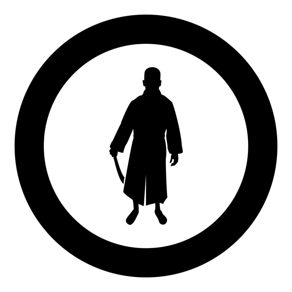 Man with sword machete Cold weapons in hand military man Soldier Serviceman in positions Hunter with knife Fight poses Strong defender Warrior concept Weaponry Stand silhouette in circle round black vector