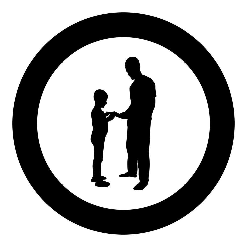 Man transmits thing to boy Father Male give book gadget smartphone son children take something Dad relationship Family concept Child friendship toddler daddy silhouette in circle round black color vector