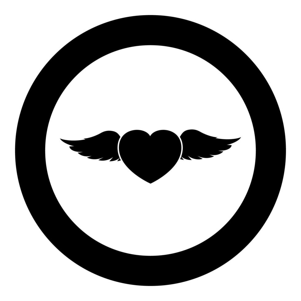 corazón con alas de ángel icono de pluma voladora en círculo redondo color negro ilustración vectorial imagen de estilo de contorno sólido vector