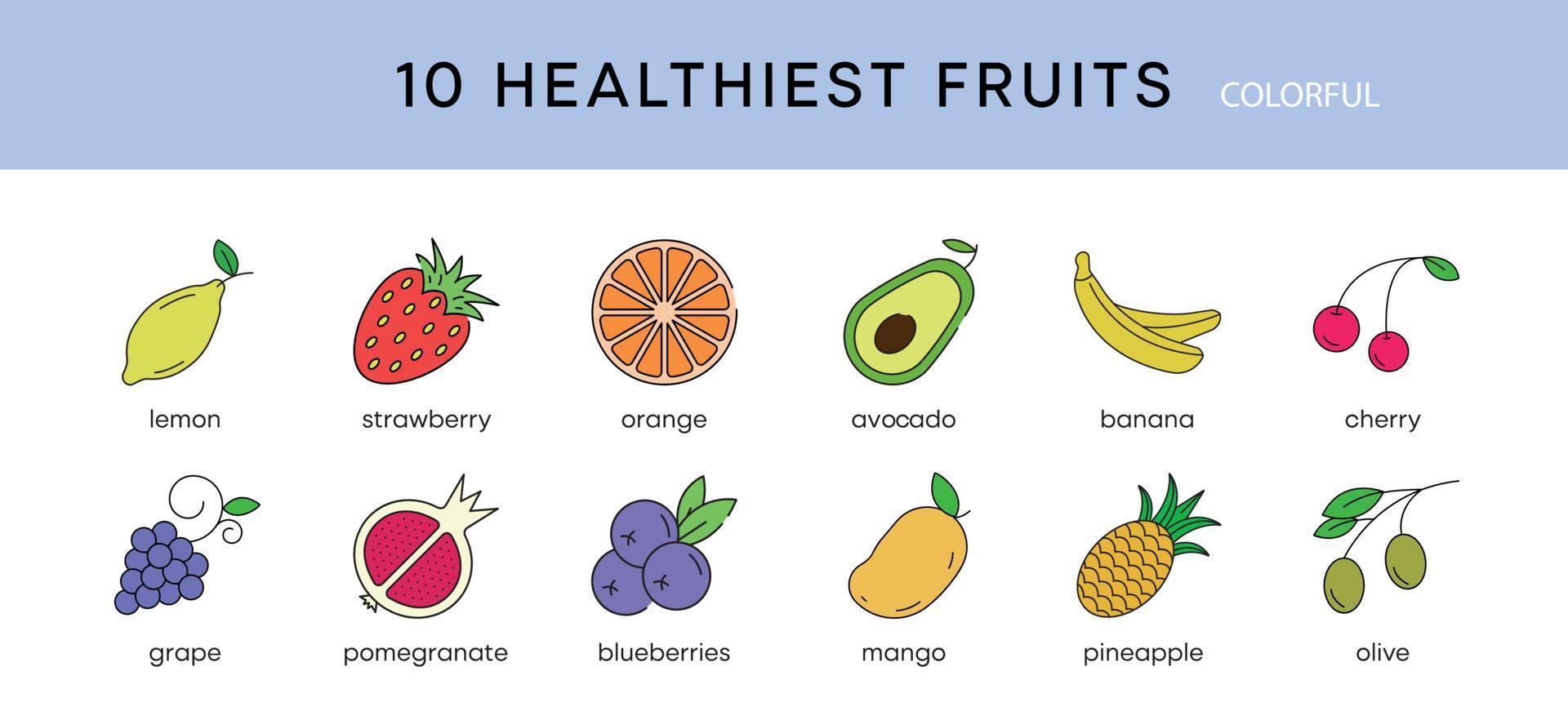 10 piece healthiest fruits icon set. Healthiest fruits diet snack foods vector line icons set. Isolated on a white background. Modern editable color icon set. Your web mobile application logo design.