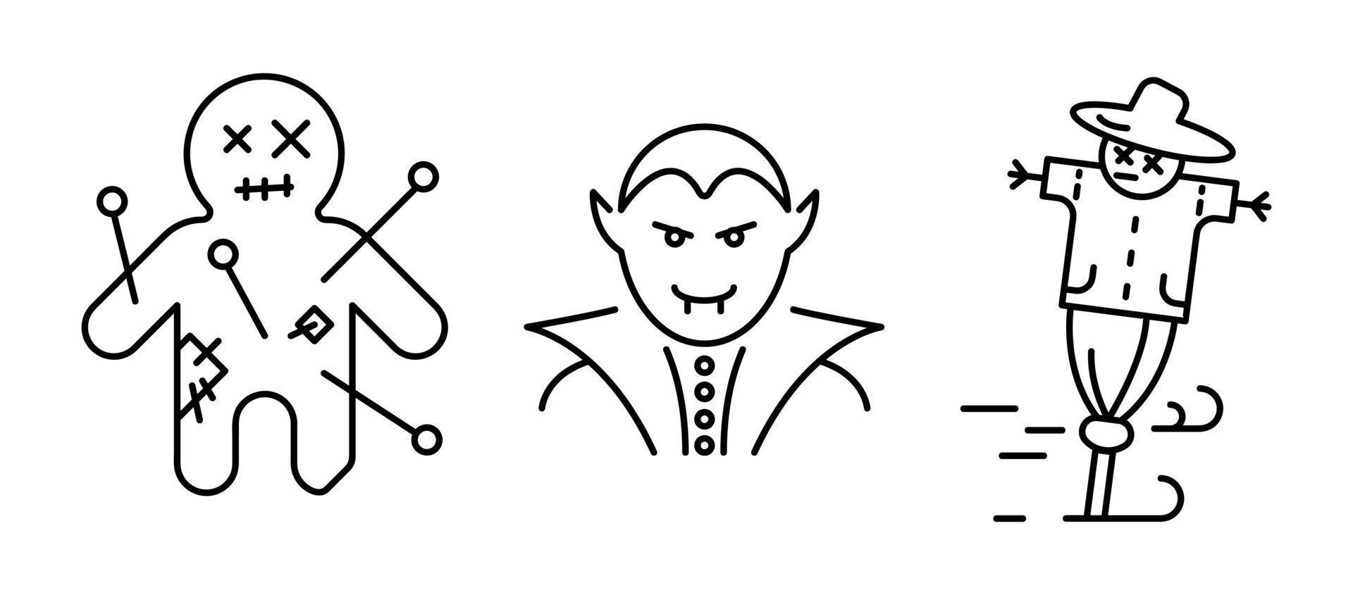 Vampire, dracula, cursed doll and scarecrow icon set. Set for Halloween concept. Linear icons set. vector