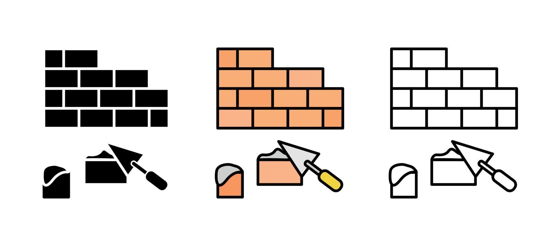 Masonry, Brick and trowel construction icon set. Engineering icon. Art vector illustration set. Editable line set. Silhouette, colored and linear icon set.