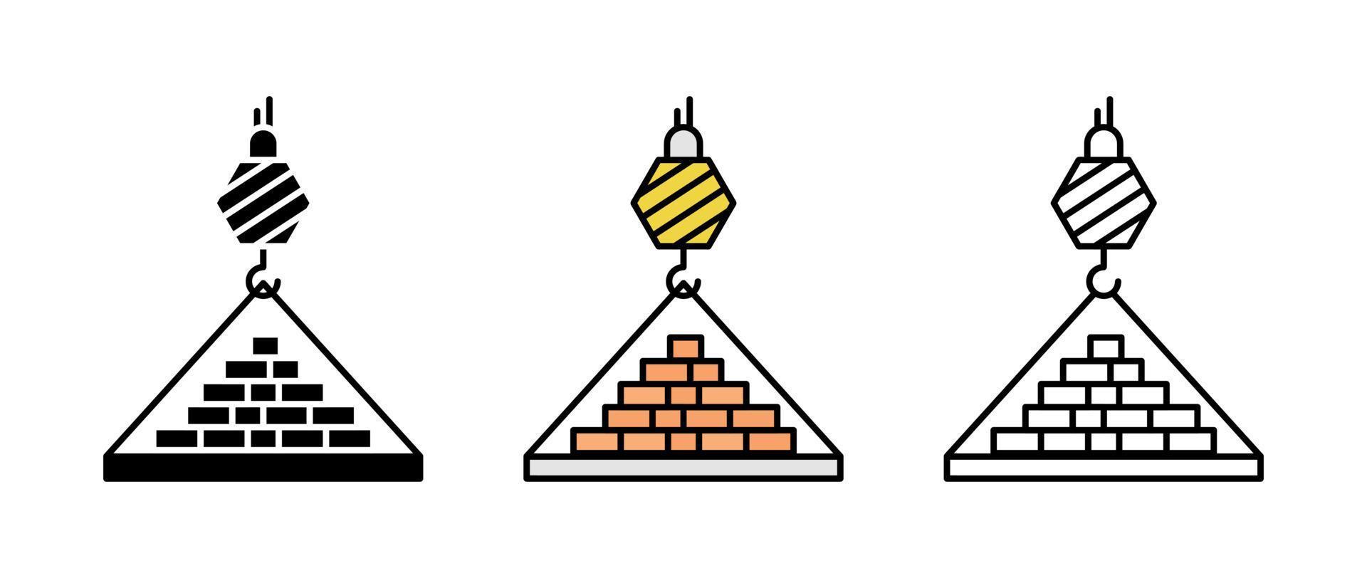 Crane transport and brick construction icon set. Engineering icon. Art vector illustration set. Editable row set. Silhouette, colored and linear icon set.