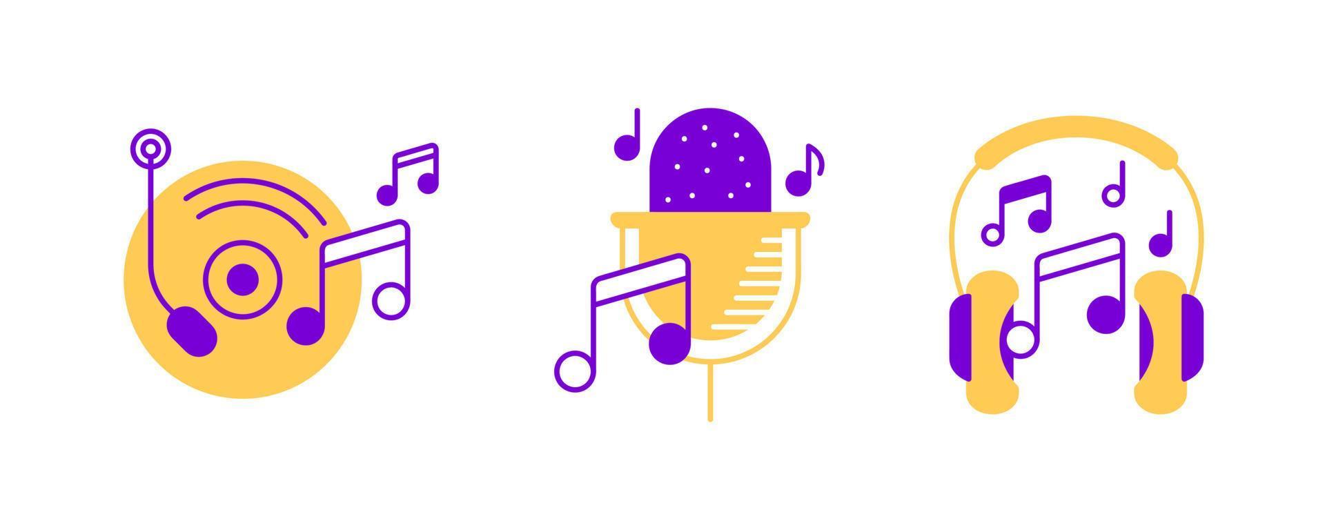 Gramophone, microphone, headphones and musical note icon set. Entertainment and music icon. Art vector illustration set. Editable row set. Colorful icon set.