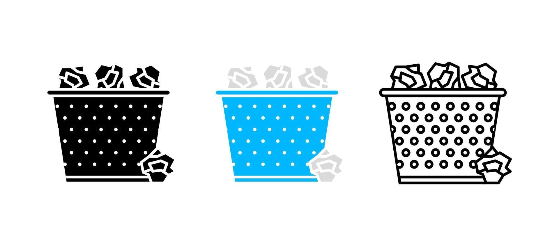 Trash can set. Paper trash can vector icon set. Editable row set. Silhouette, colored, linear icon set. Logo-web, icon design element.