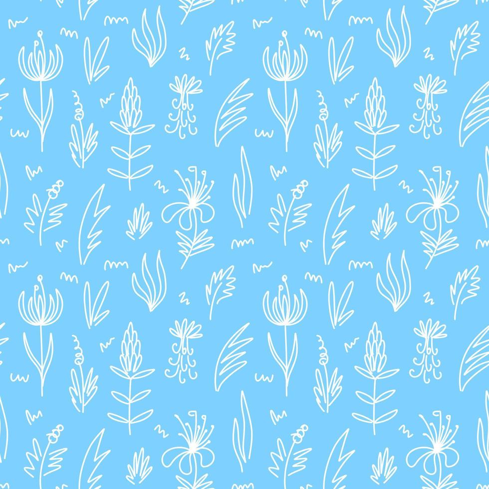 Seamless pattern with exotic different flowers and leaves in a linear style vector