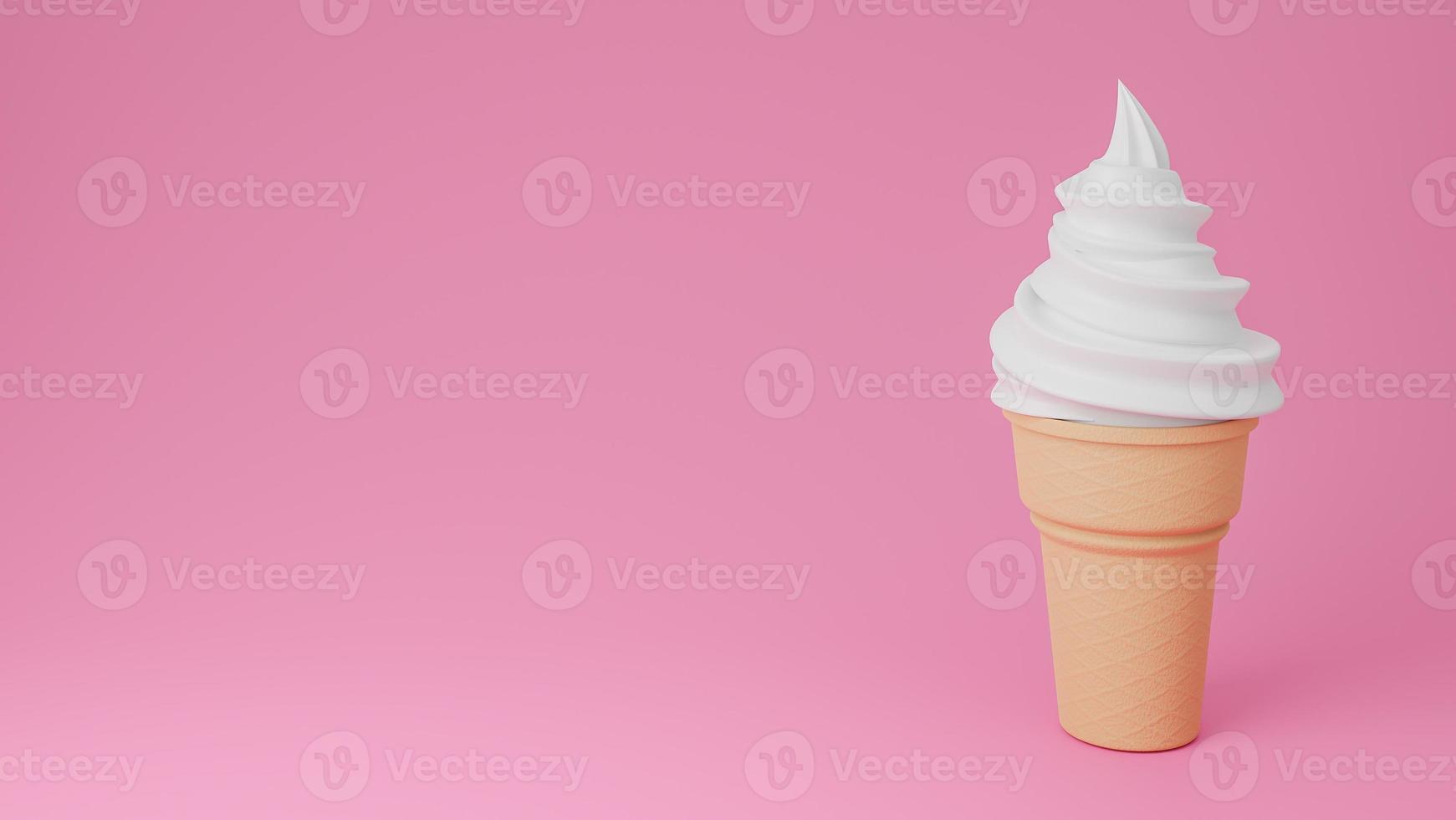 helado suave de sabores de vainilla o leche en cono crujiente sobre fondo rosa, modelo 3d e ilustración. foto