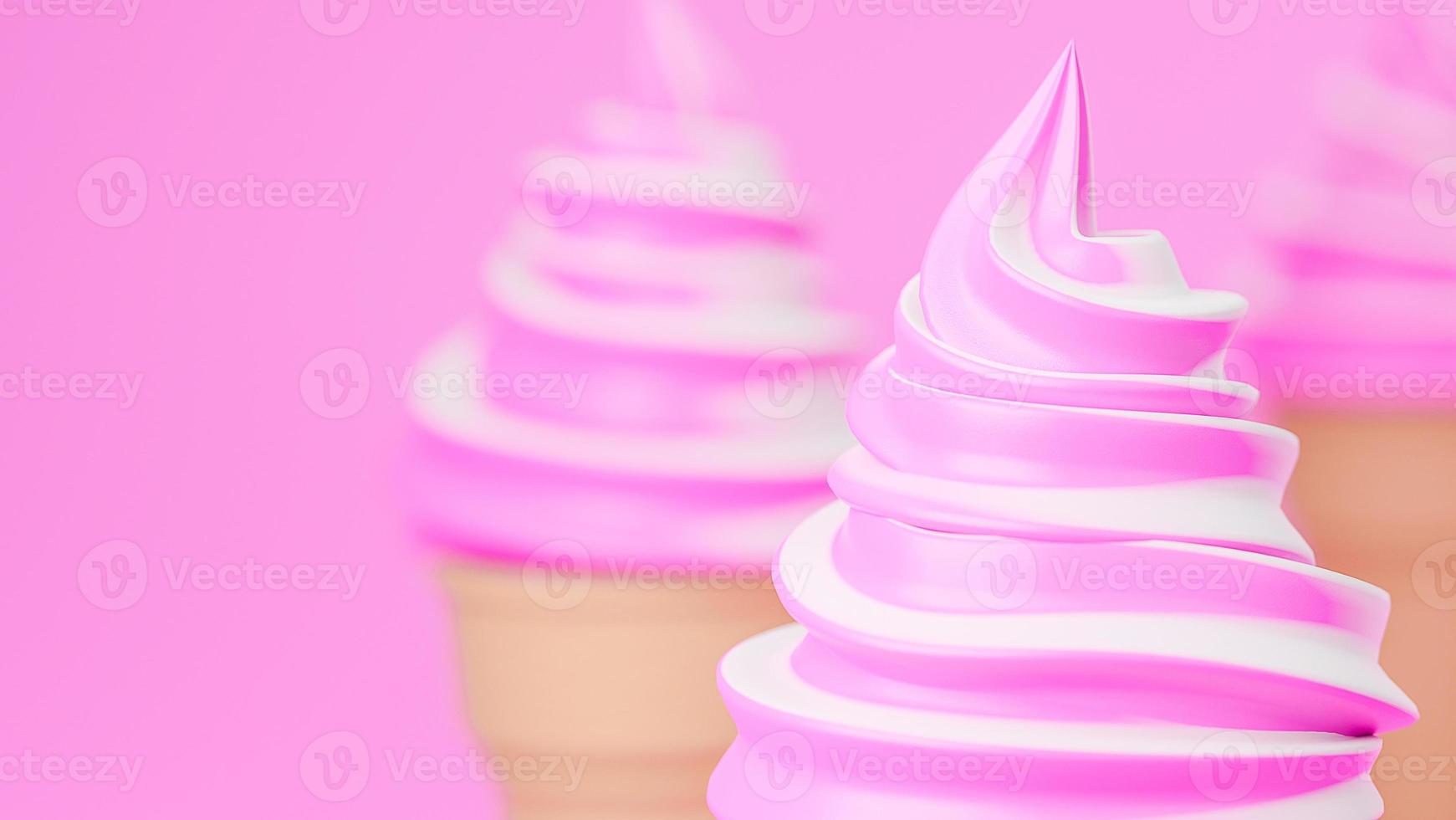 helado de servicio suave de sabores de fresa y leche en cono crujiente sobre fondo rosa., modelo 3d e ilustración. foto