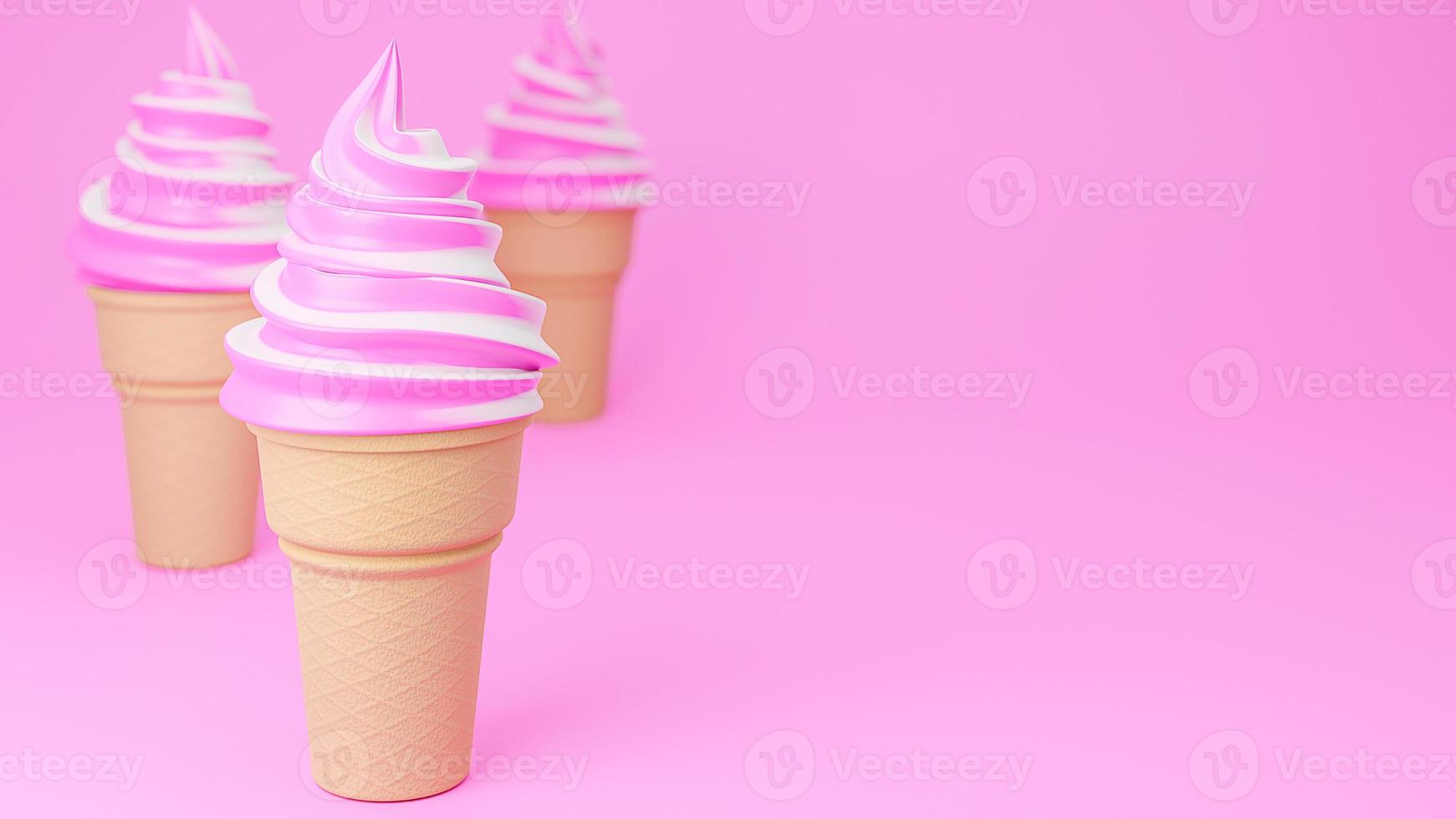 Soft serve ice cream of strawberry and milk flavours on crispy cone on pink background.,3d model and illustration. photo