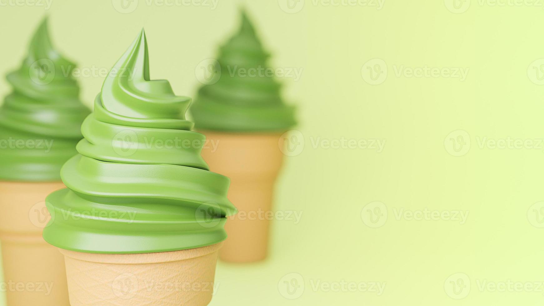 Soft serve ice cream of green tea flavours on crispy cone on green background.,3d model and illustration. photo