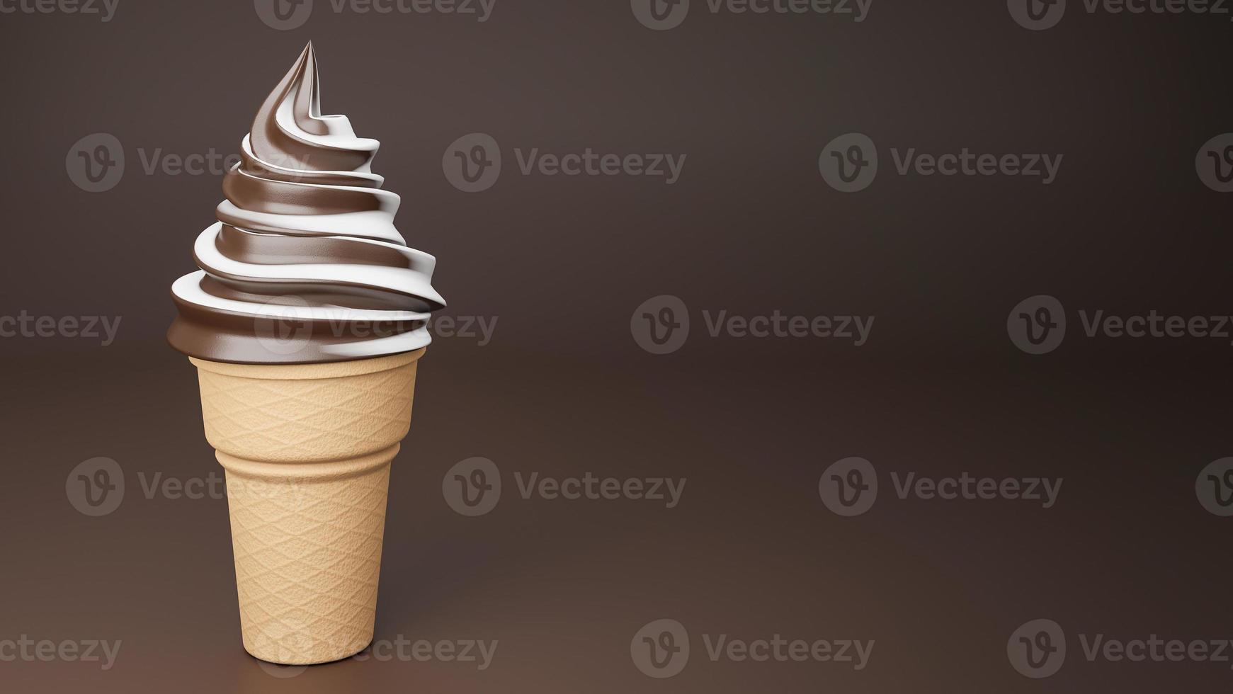 Soft serve ice cream of chocolate and milk flavours on crispy cone on brown background.,3d model and illustration. photo