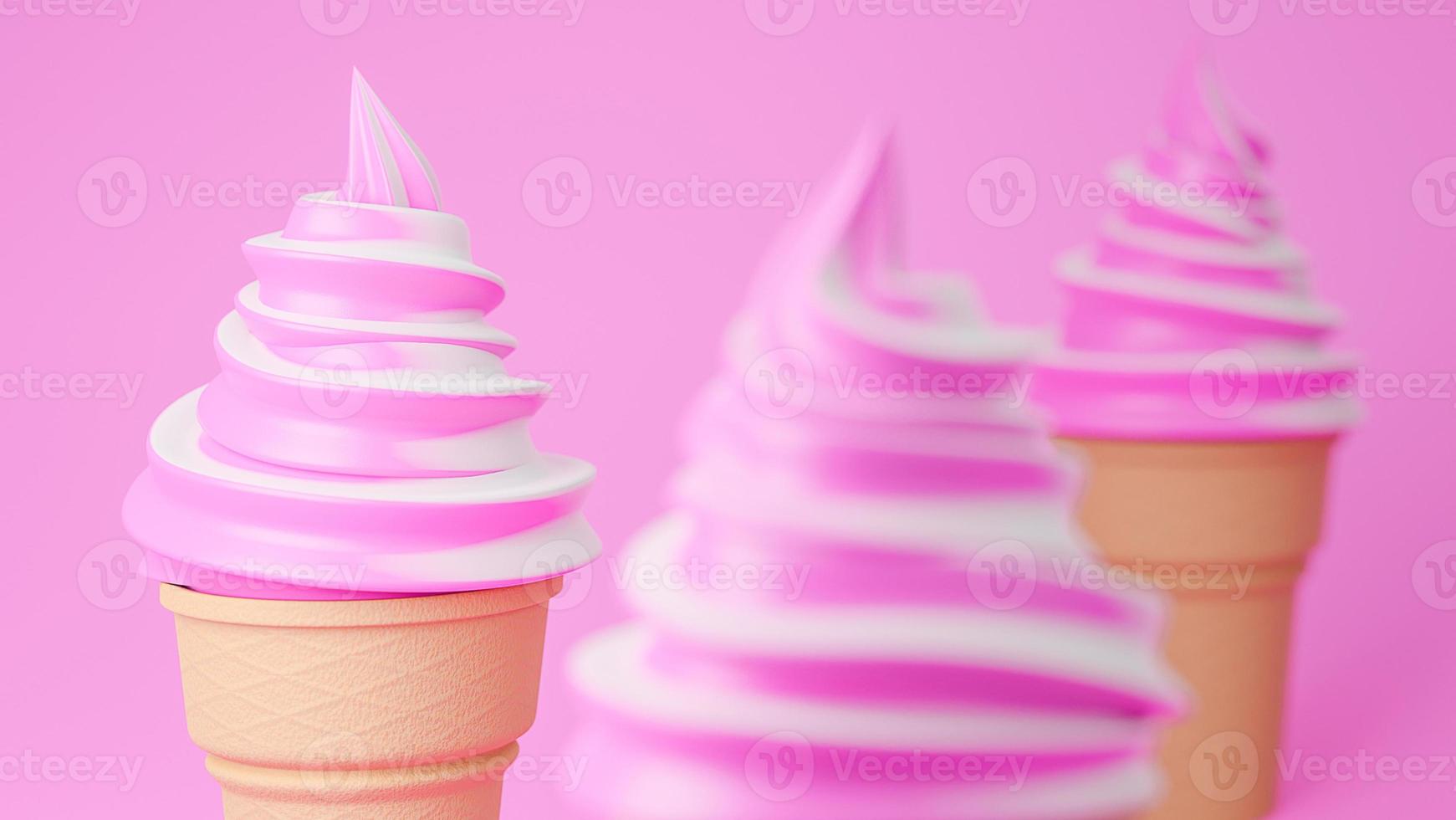 helado de servicio suave de sabores de fresa y leche en cono crujiente sobre fondo rosa., modelo 3d e ilustración. foto