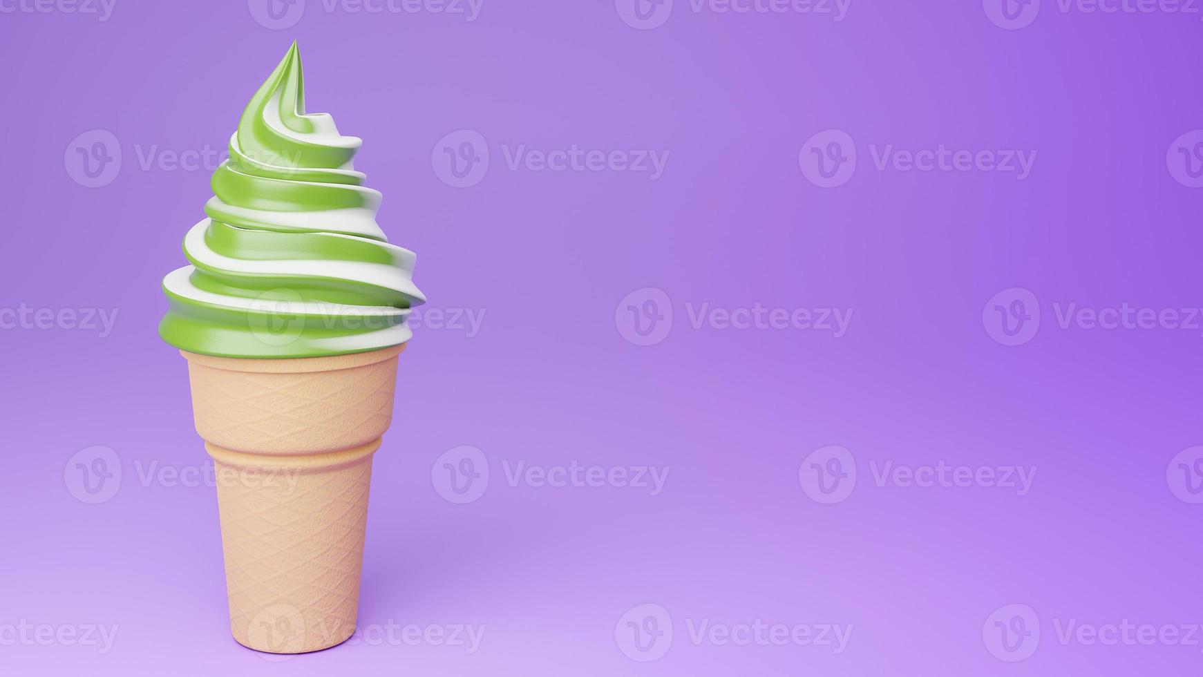 Soft serve ice cream of green tea and milk flavours on crispy cone on purple background.,3d model and illustration. photo