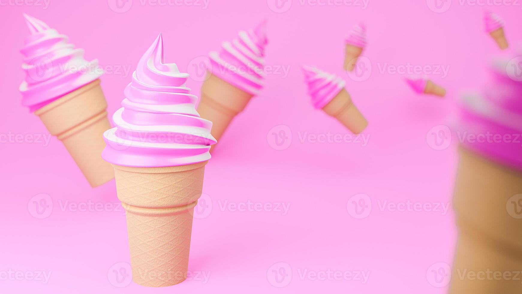 helado de servicio suave de sabores de fresa y leche en cono crujiente sobre fondo rosa., modelo 3d e ilustración. foto