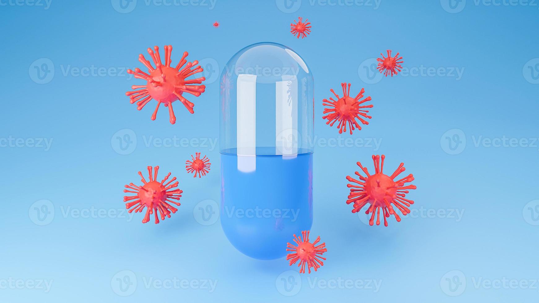 Red Coronavirus or covid-19 surrounds the pill capsule on blue background.,Inhibition of disease outbreaks and Medical technology.,3d model and illustration. photo