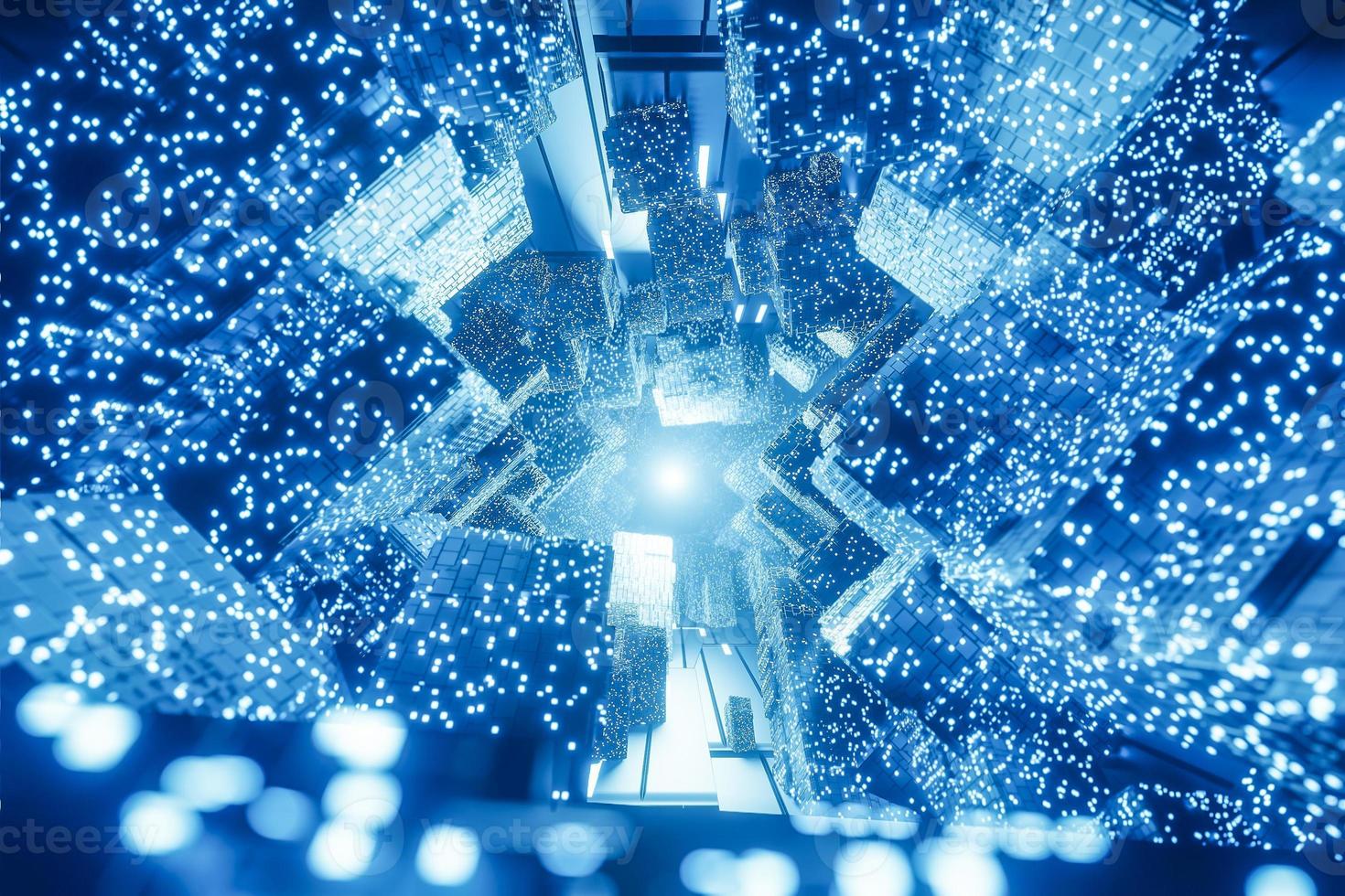 abstract digital Futuristic Sci-Fi background, big data, computer hardware, network, blue neon light, 3d model and illustration. photo