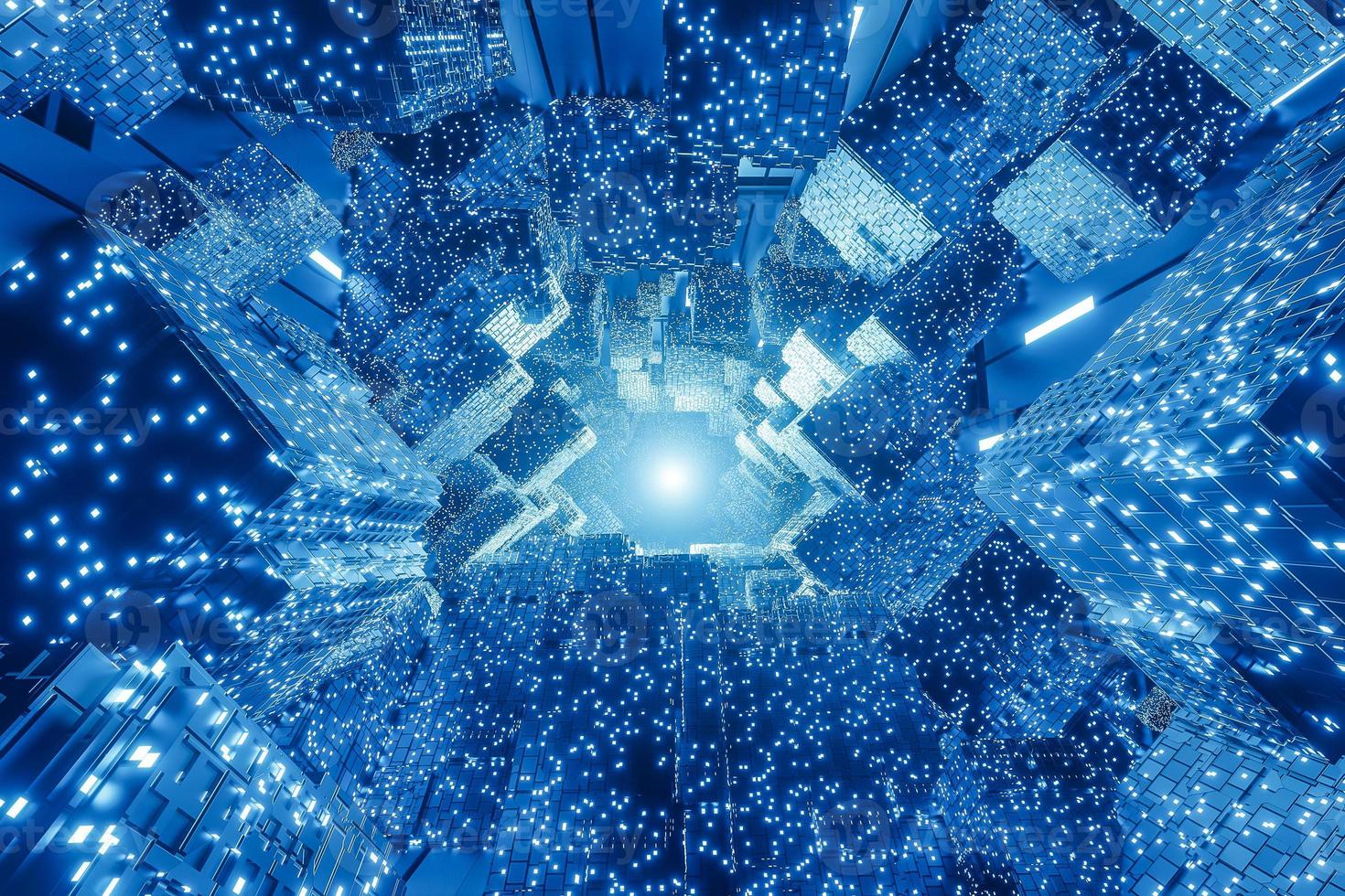 abstract digital Futuristic Sci-Fi background, big data, computer hardware, network, blue neon light, 3d model and illustration. photo