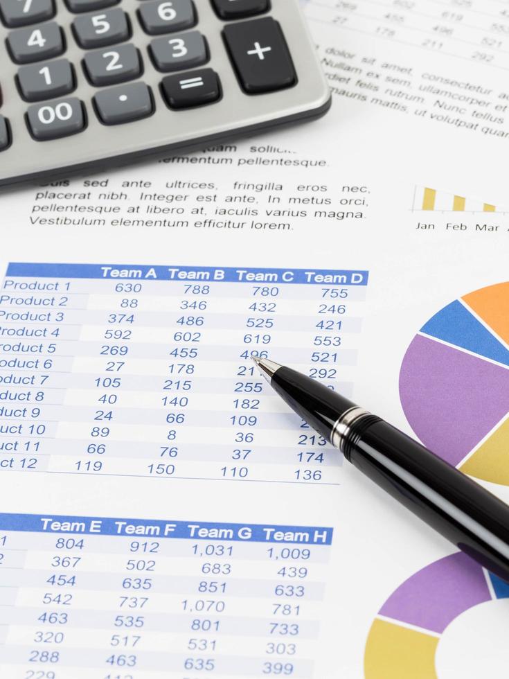 Sales report analysis with pen, and calculator photo