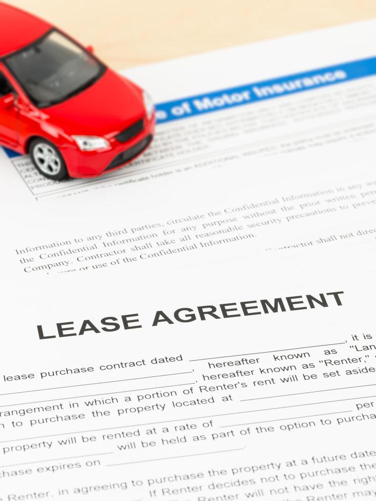 Lease agreement with car model, document is mock-up photo