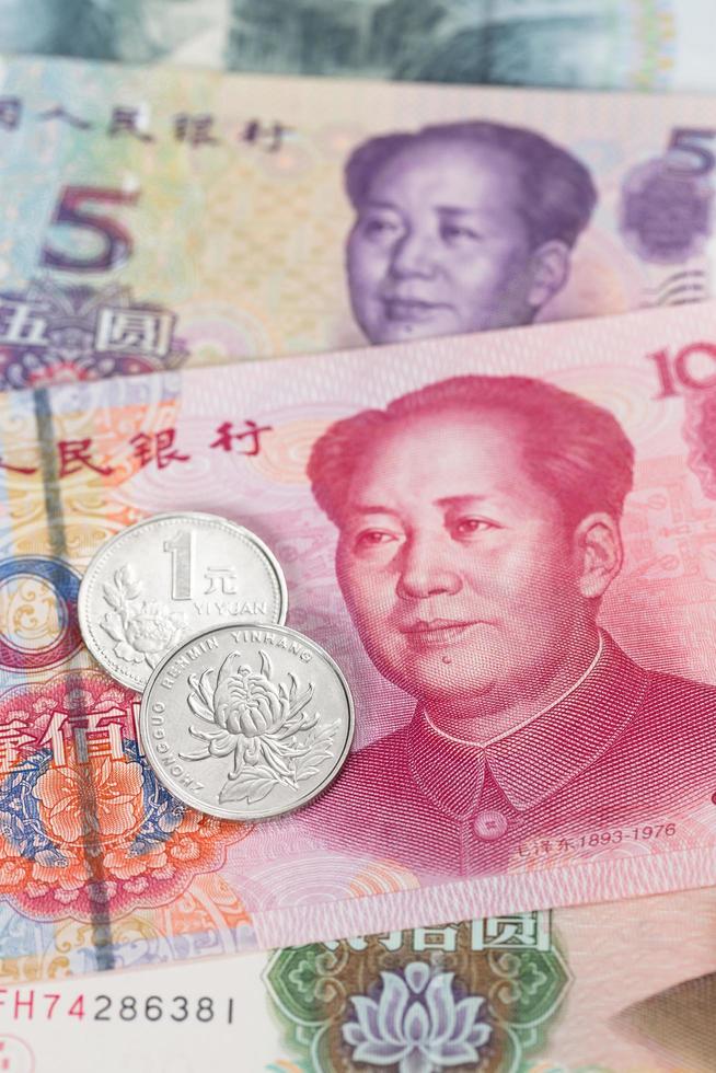 Chinese money yuan banknote and coins close-up photo
