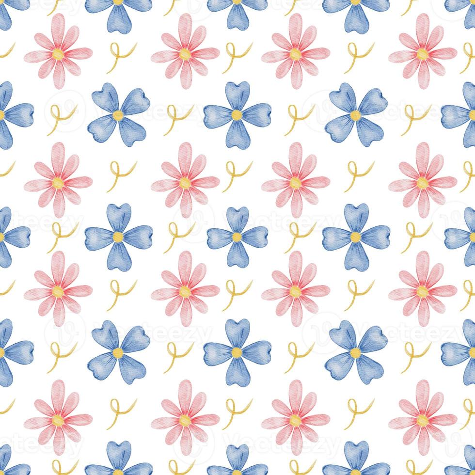 Watercolor pink and blue floral seamless pattern with hand drawn  eustomas. Pattern with delicate flowers and leaves. Watercolor texture for wrapping paper, fabric, decor photo