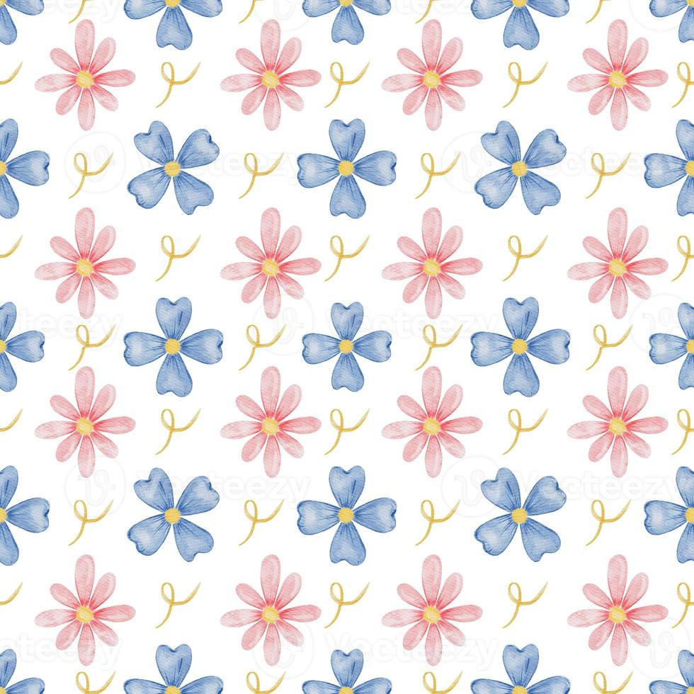 Watercolor pink and blue floral seamless pattern with hand drawn  eustomas. Pattern with delicate flowers and leaves. Watercolor texture for wrapping paper, fabric, decor photo