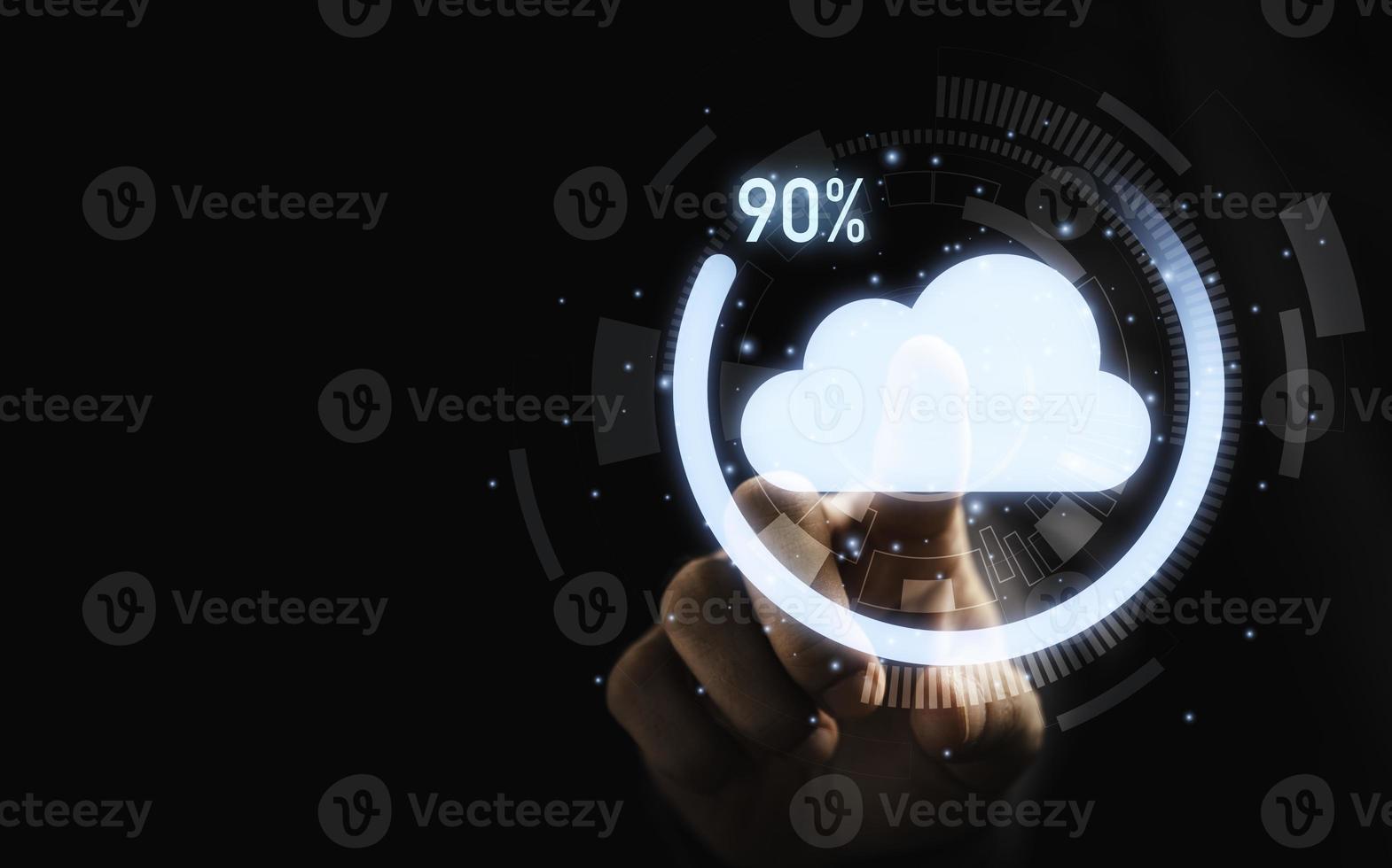 Businessman touching to virtual cloud computing and download percentage progress for transfer data information upload download application. Technology transformation concept. photo