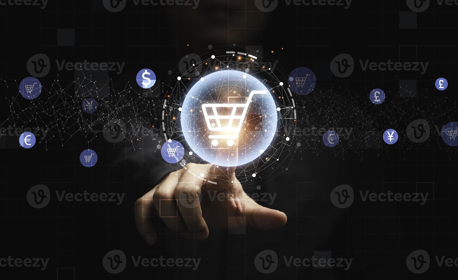 Businessman hand touching to virtual info graphics with trolley cart icons , Technology online shopping business concept. photo