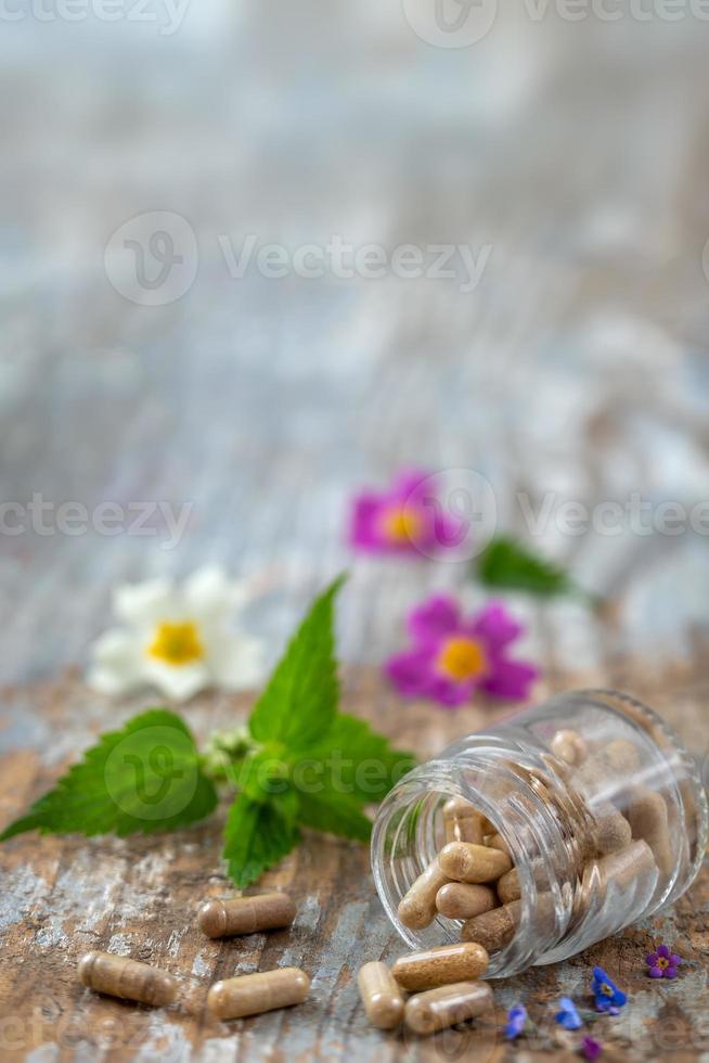 Bottle of pills food suplements healthy medicine medication health care treatment additives pharmacy with medicinal fresh plants and flowerson background photo