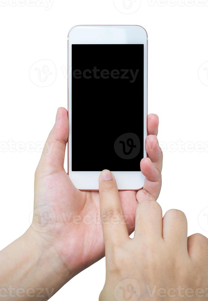 Hand holding smart phone isolated on white background photo