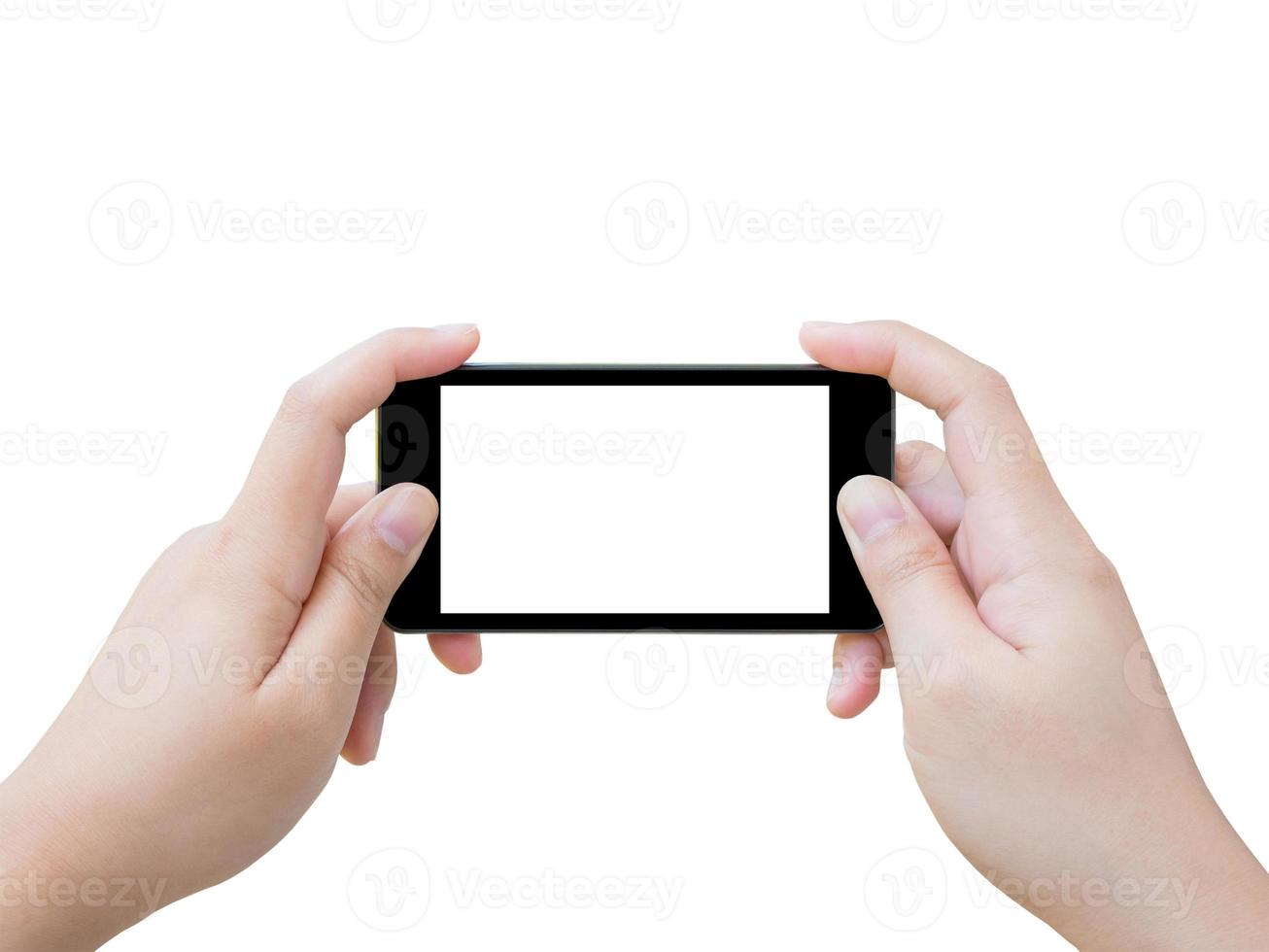 Hand holding smart phone taking photo isolated on white background