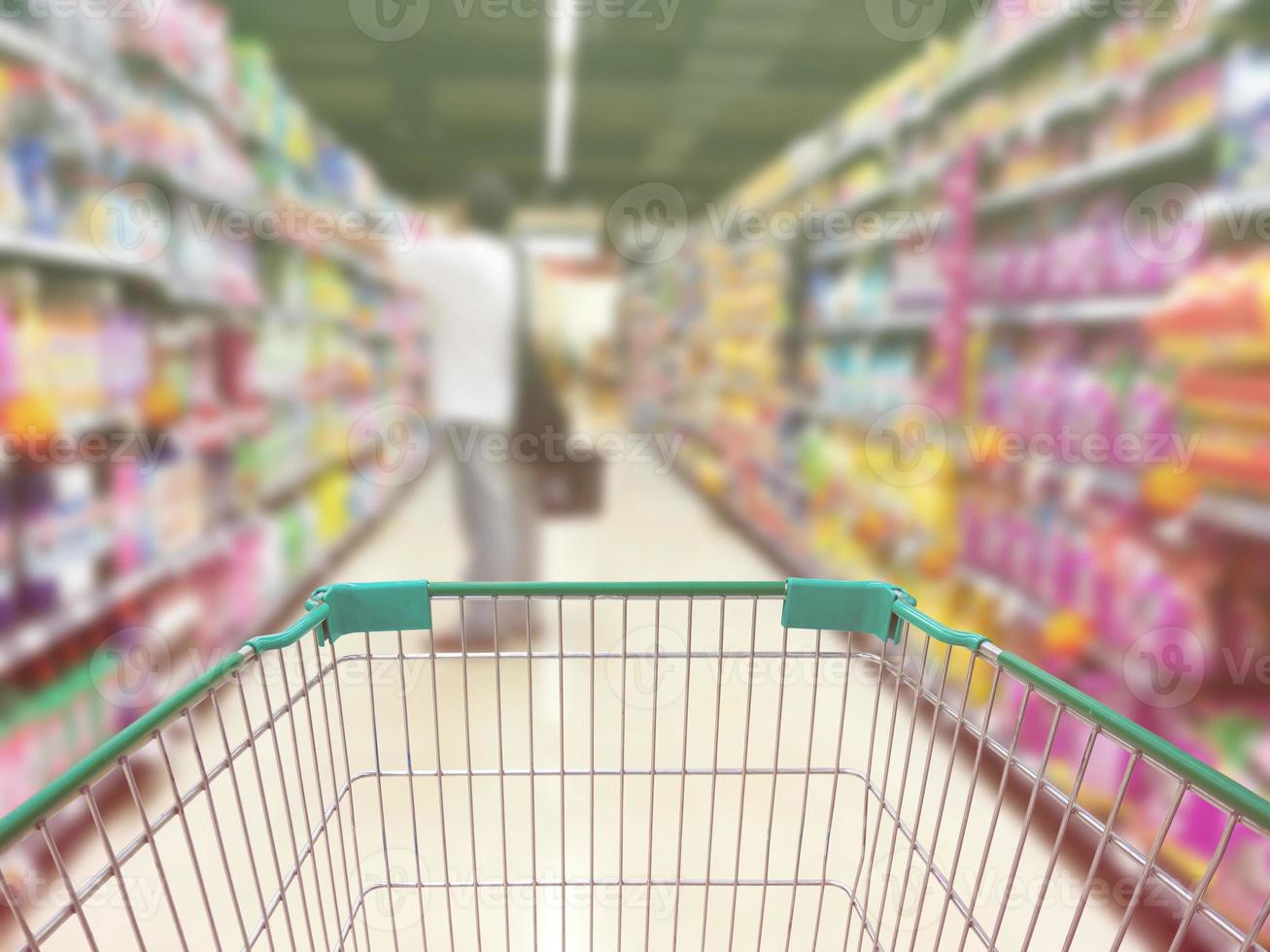 Supermarket blurred background customer with pet food Product shelf photo