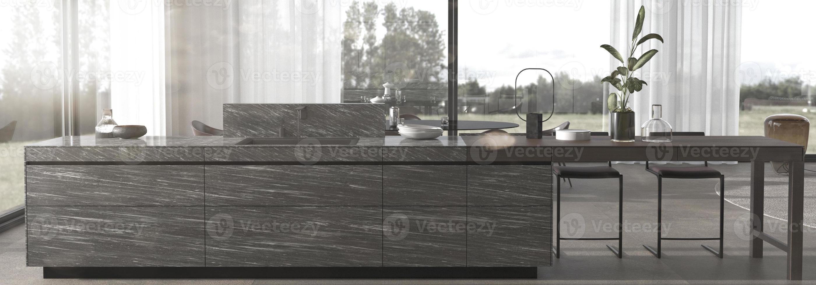 Luxury minimalism interior design. Modern architecture studio kitchen and dining room with decor. Banner web 3d render illustration. photo