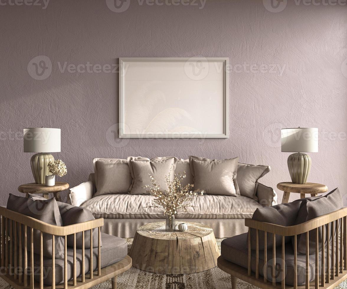 Scandi-Boho interior design with wood furniture. Poster frame mockup in purple living room. Empty wall background. 3d render illustration. photo