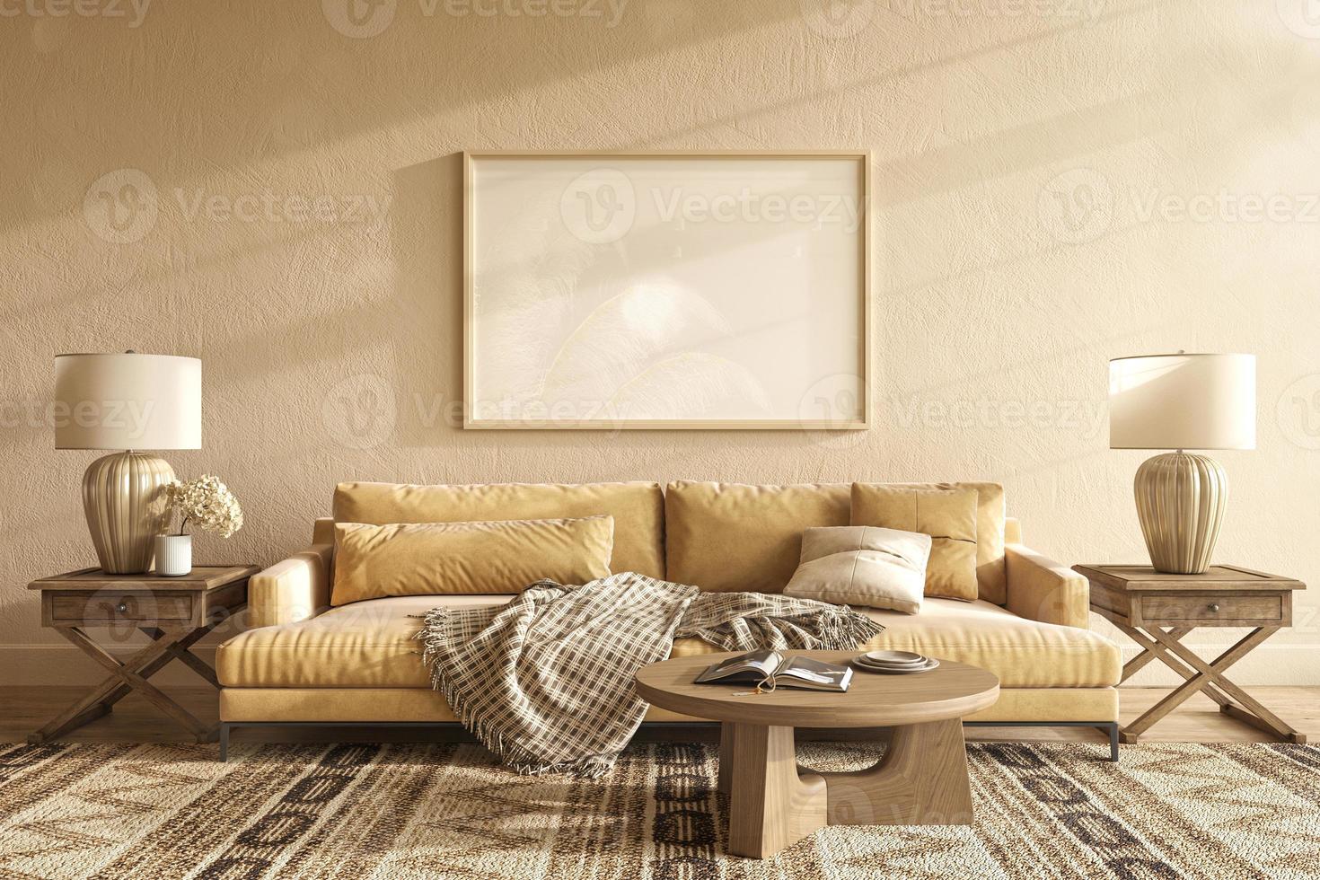 Boho scandi interior design living room. Mockup picture frame on empty wall. 3d render illustration Japandi style warm beige color. photo