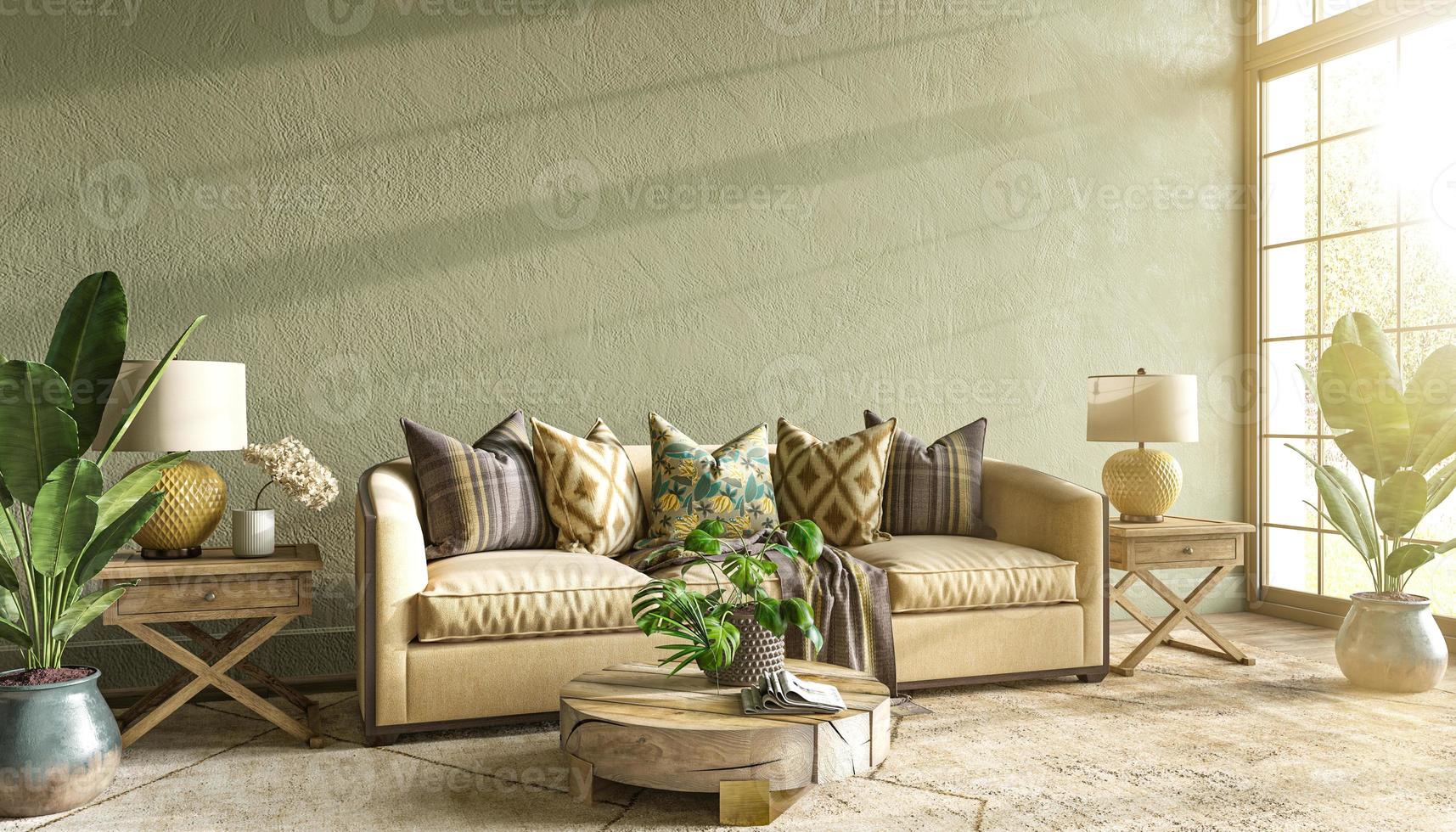 Boho scandinavian interior design living room with sofa, table and decor. Mock-up beige tones wall with plants on background. 3d render illustration. photo