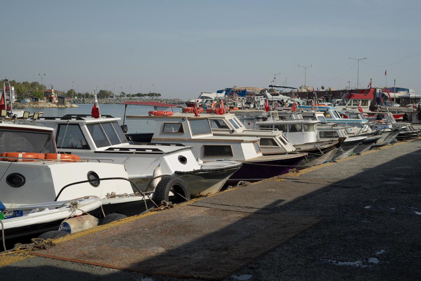 Boats lined up next to the pier in the marina photo