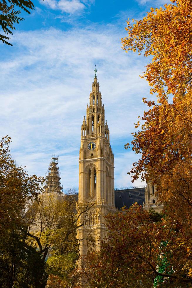 Colorful scene of Gothic Vienna City Hall , Wiener Rathaus, in autumn, Austria photo