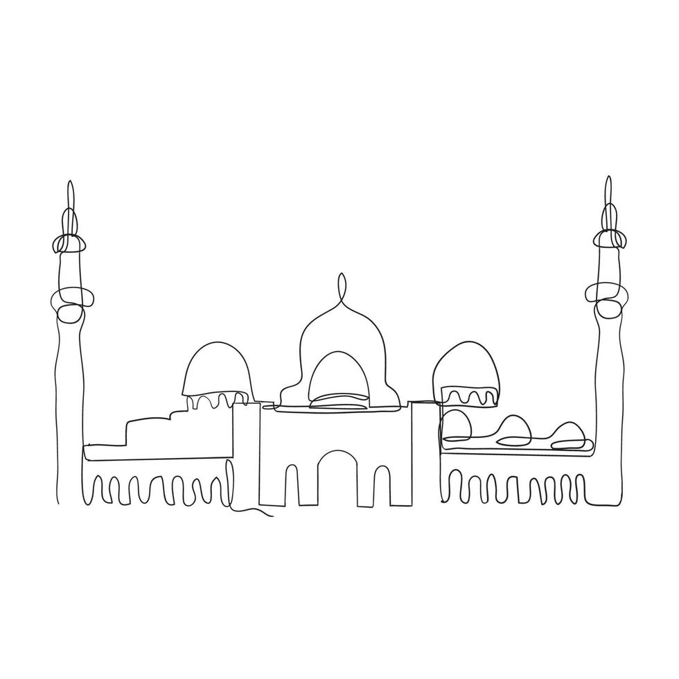 vector de ilustración de mezquita islámica de dibujo de línea continua en garabato de línea delgada